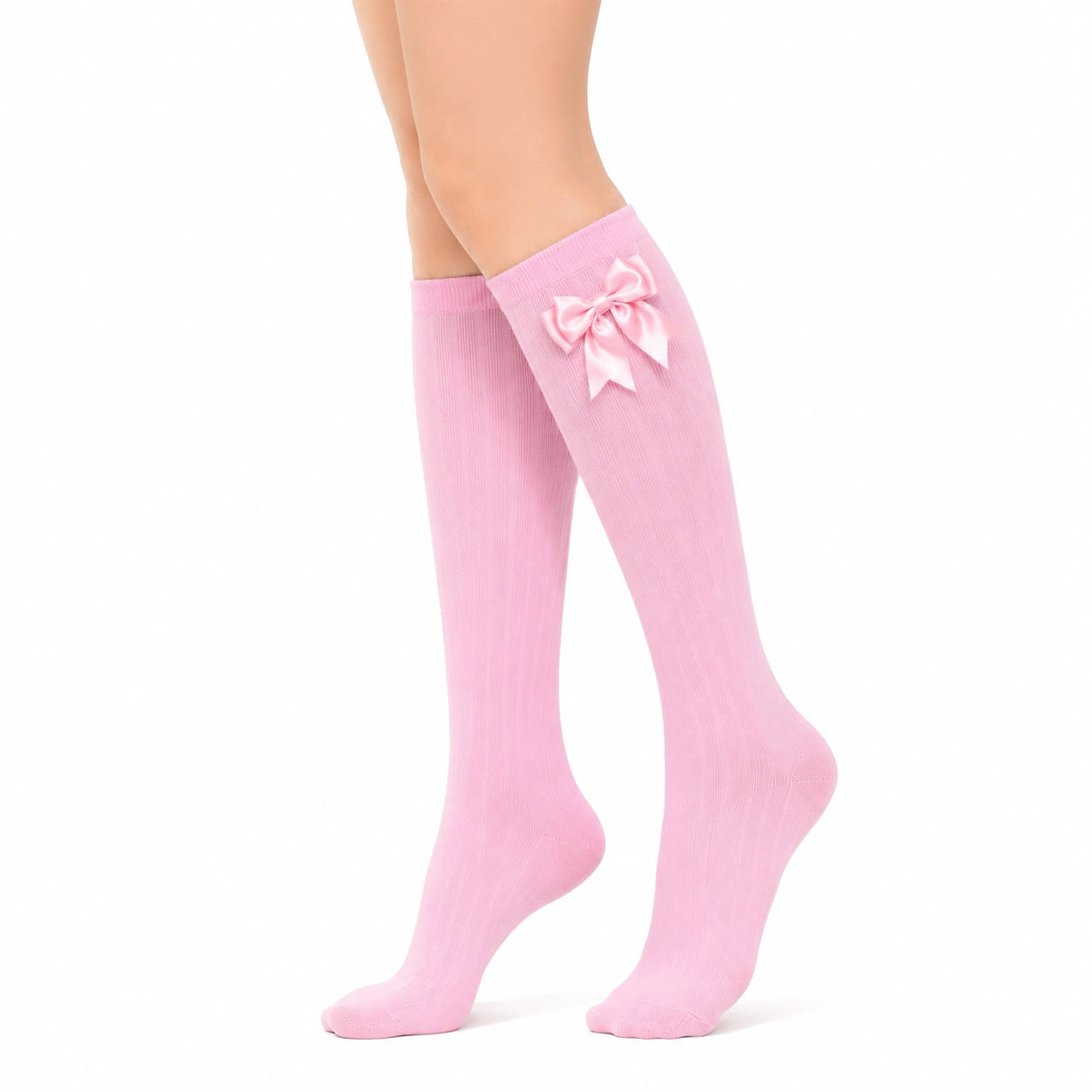 Kniestrümpfe Größe 39-42 aus Rippstrick in Rosa mit Zierschleife