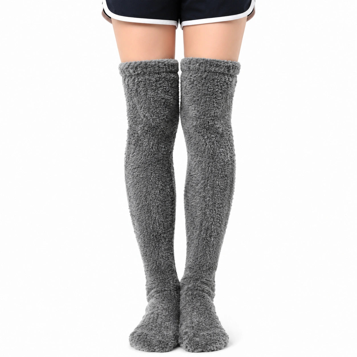 Overknee Socken Größe 39-42 aus weichem Synthetikplüsch Grau für warme Wintertage