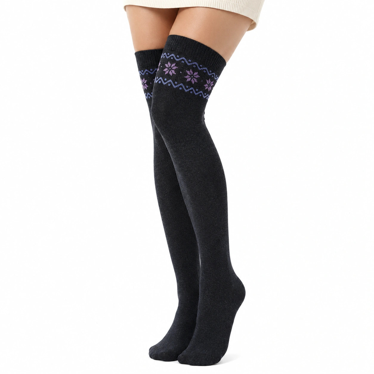 Damen Overknee-Strümpfe Größe 39-42 aus Textil Schwarz mit Blumenmuster